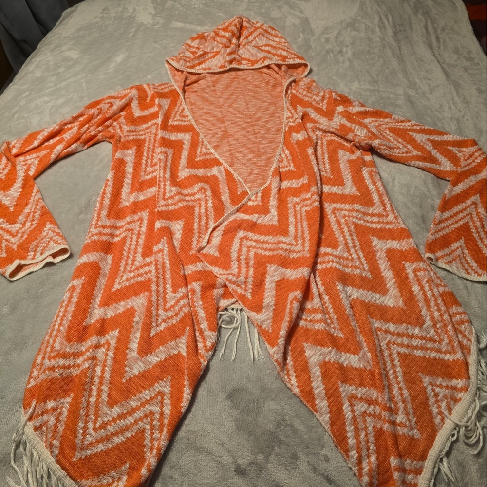 Maurices Orange White Chevron Long Sleeve Cardigan Hooded With Fringe Western